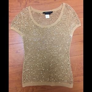 BCBGMAXAZRIA Gold Sequin Open Stitch Sweater, Sz S